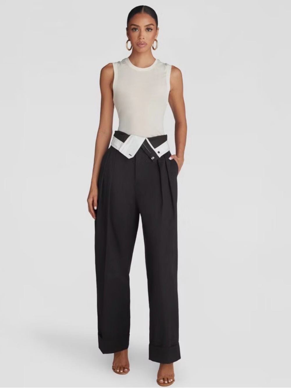 High-Waist Wide Leg Black Trousers with Contrast Waist Detail